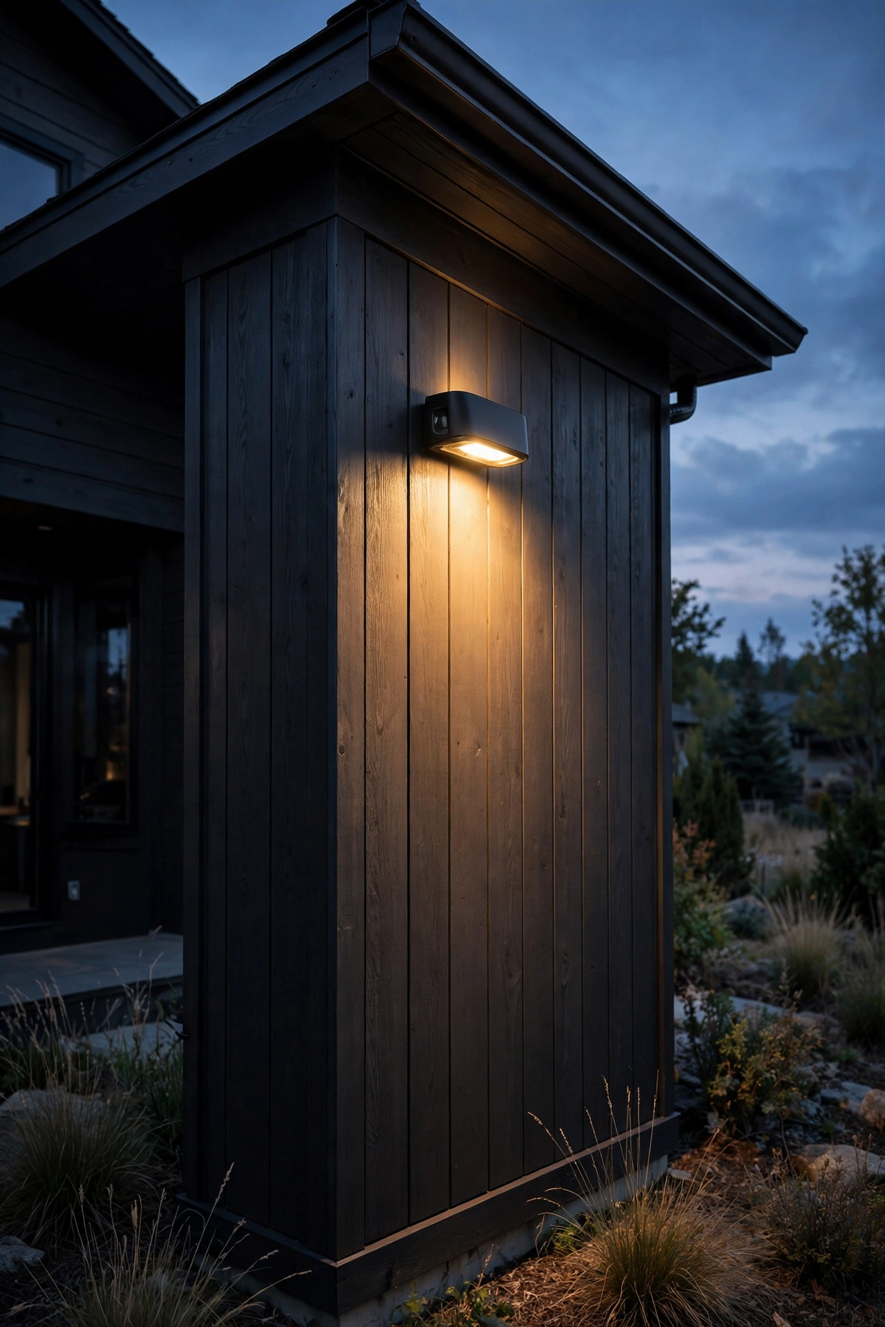 Compact square motion-sensor security light mounted discreetly on a modern garage wall