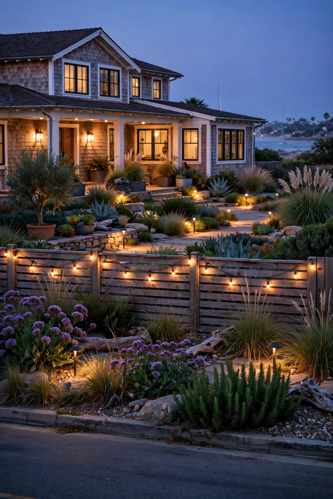 Complete layered coastal front yard lighting scene viewed from the street at dusk