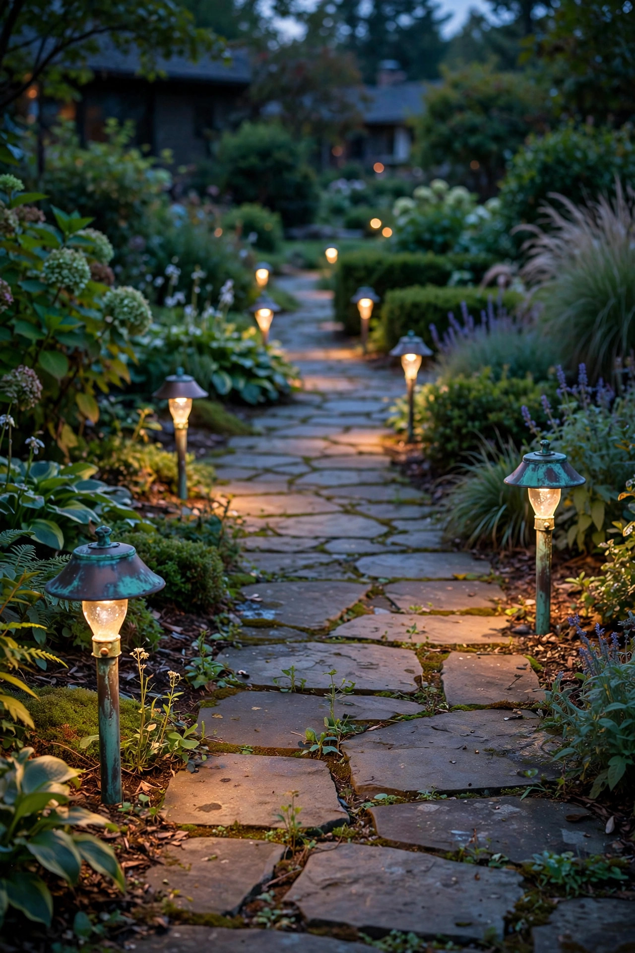 Copper path lights with natural patina along a garden walkway