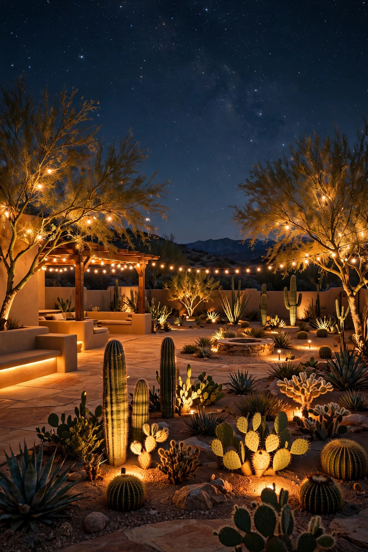 Wide view of a finished desert backyard at night with layered warm lighting, glowing cacti and trees, and a dark starry sky above