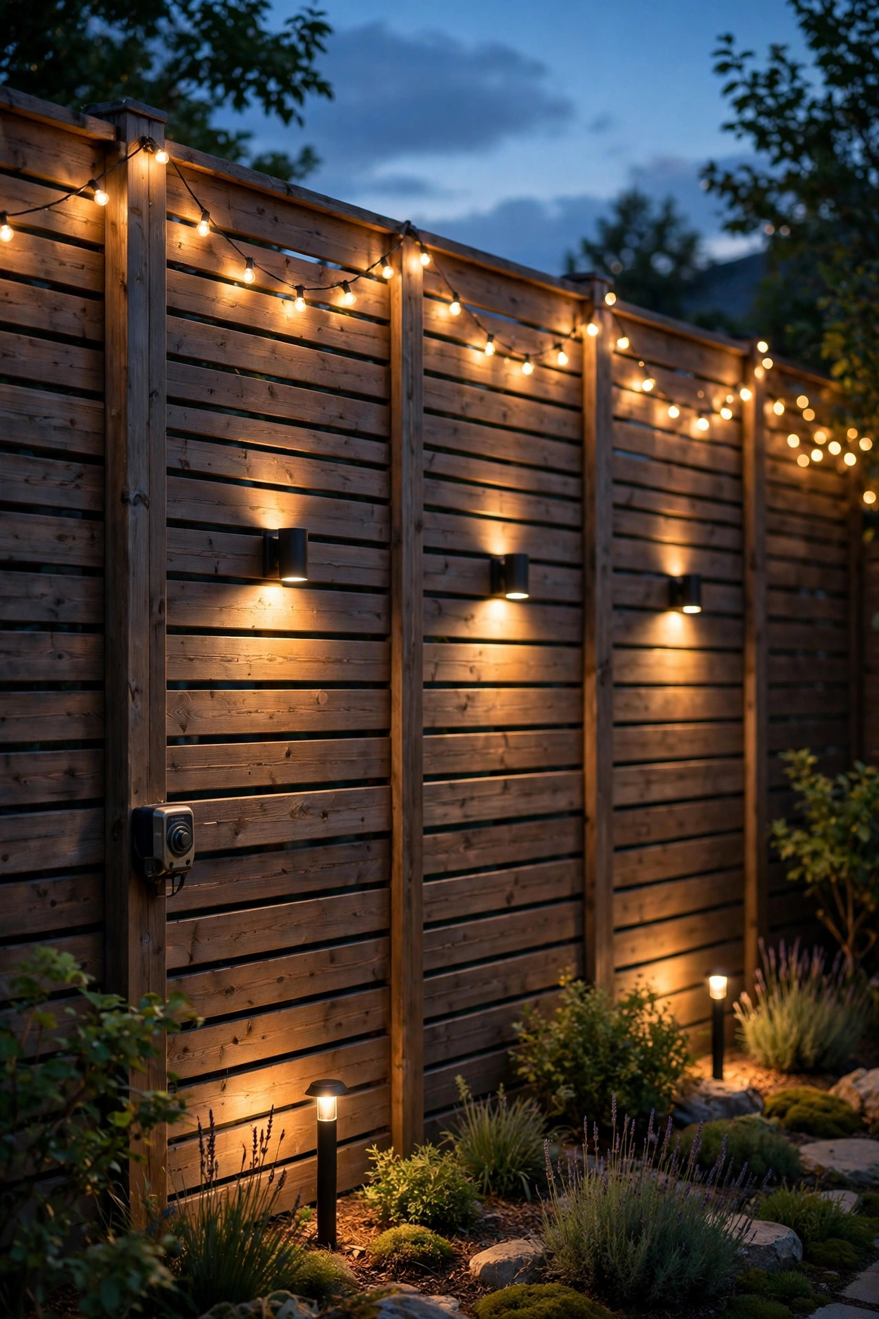 Privacy fence lighting glowing softly at dusk on a timer with layered lights at different heights