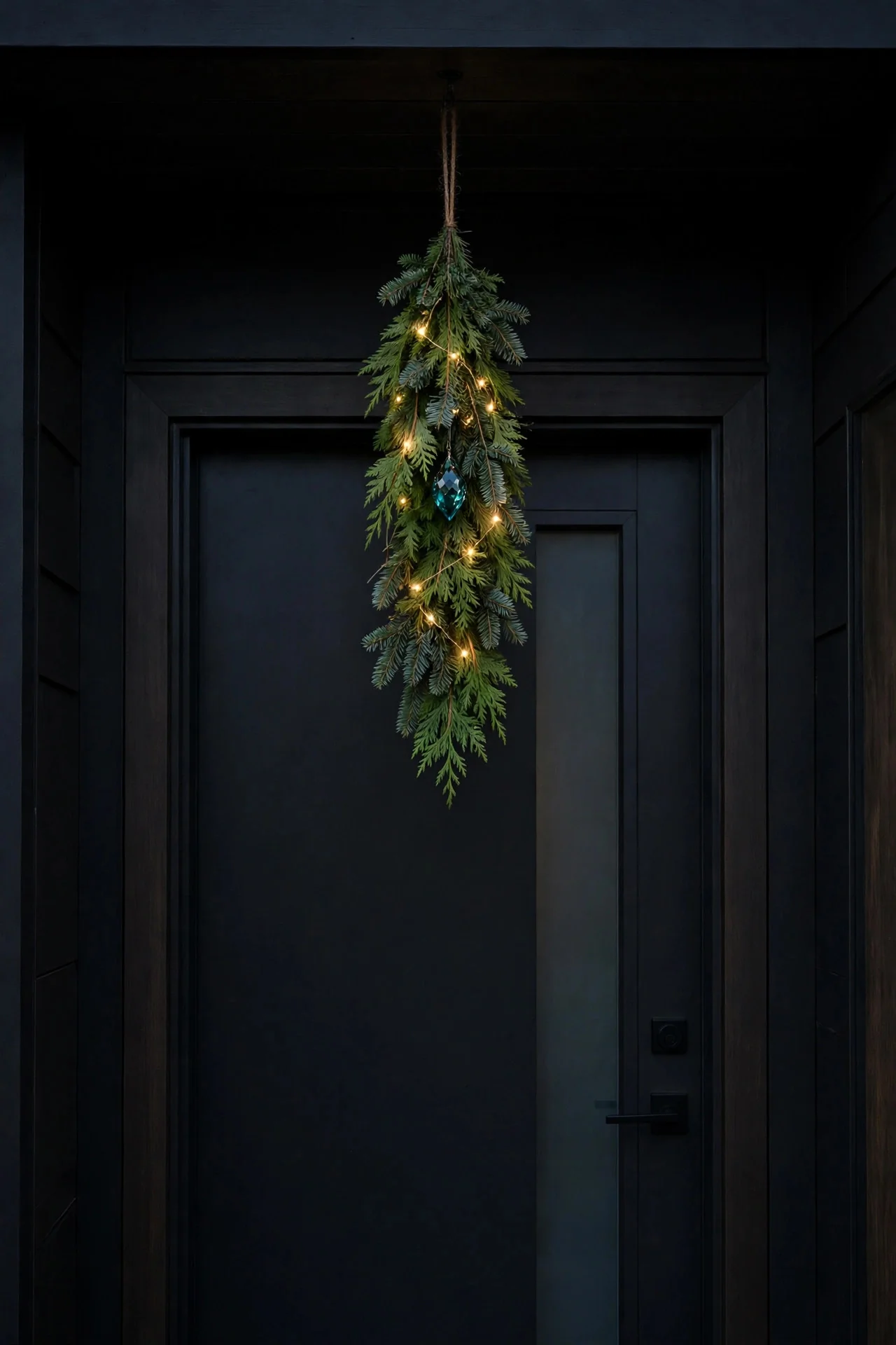 Single centered greenery swag with tiny lights hanging above a front door
