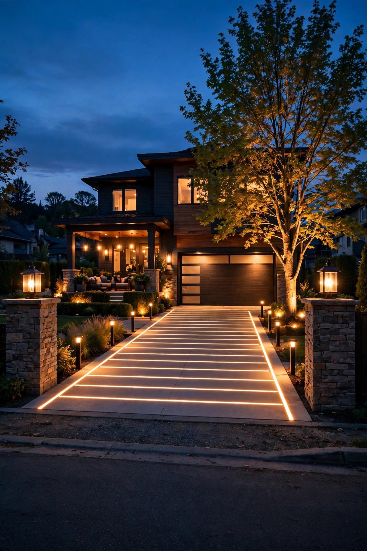 View from the street of a fully layered smart driveway glowing warmly at dusk during a final walkthrough