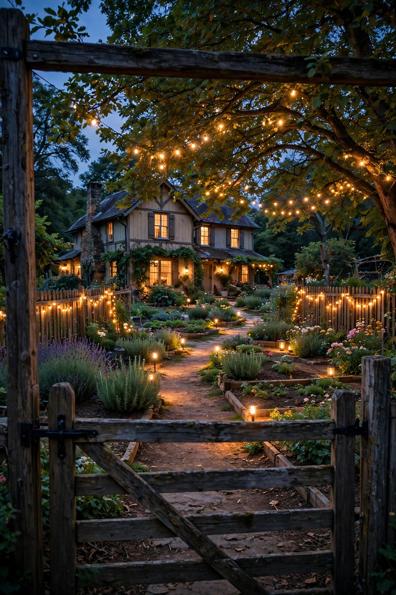 Full mid-century modern front yard lighting scene at dusk viewed from the street with every layer glowing warm