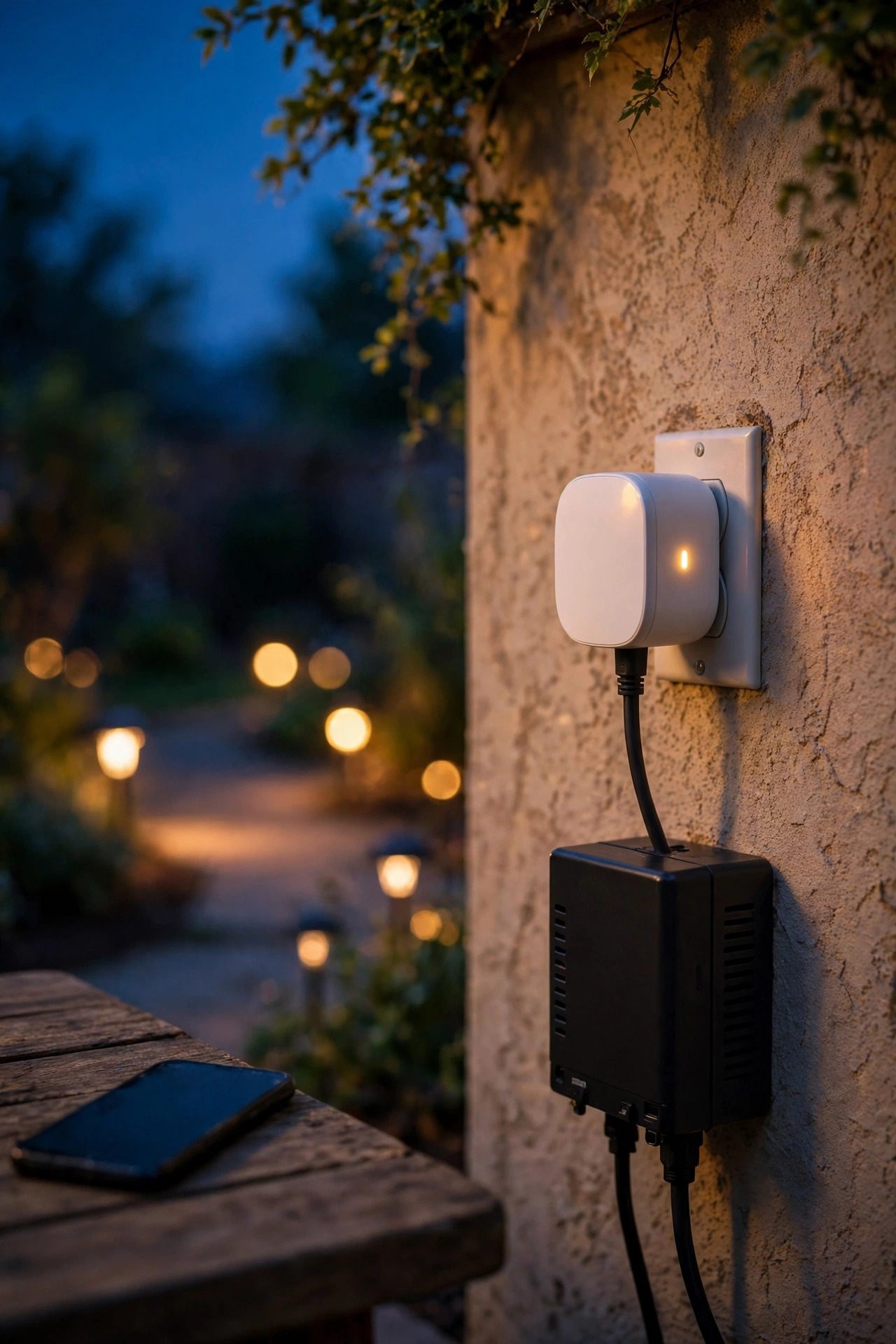 Energy monitoring smart plug on a backyard lighting transformer showing power use in a phone app