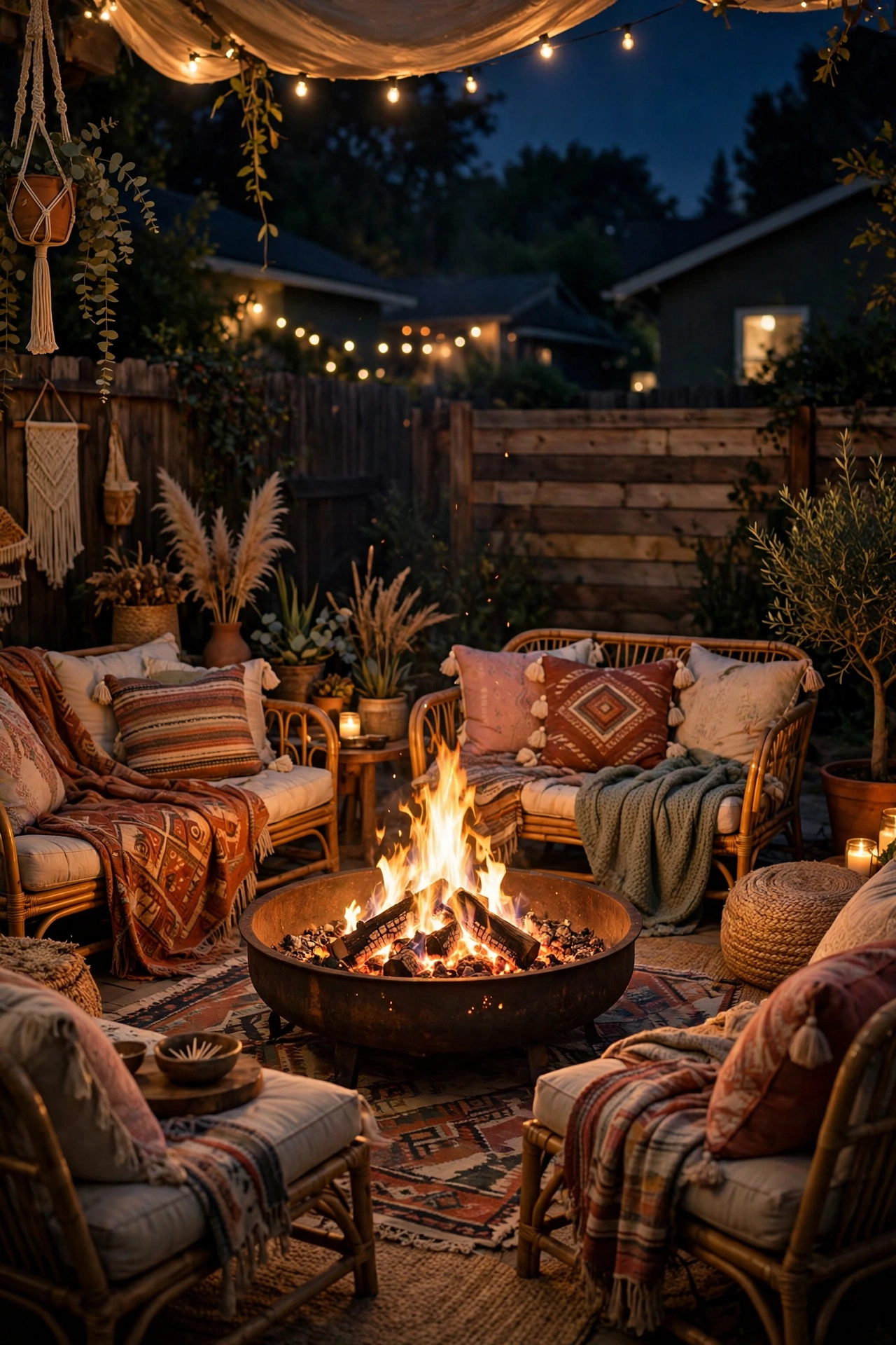 Fire pit glowing at the center of a boho patio with low seating around it