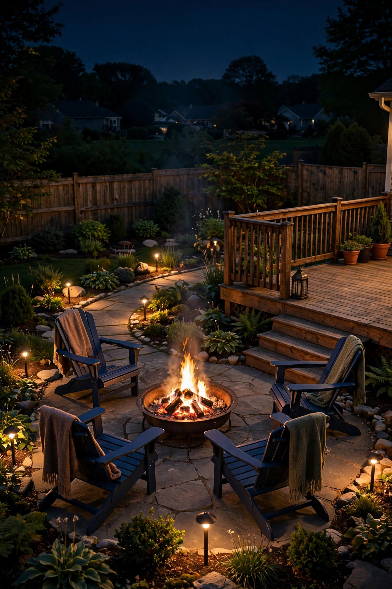Fire pit beside a wooden deck at night with low warm landscape lights around the seating area
