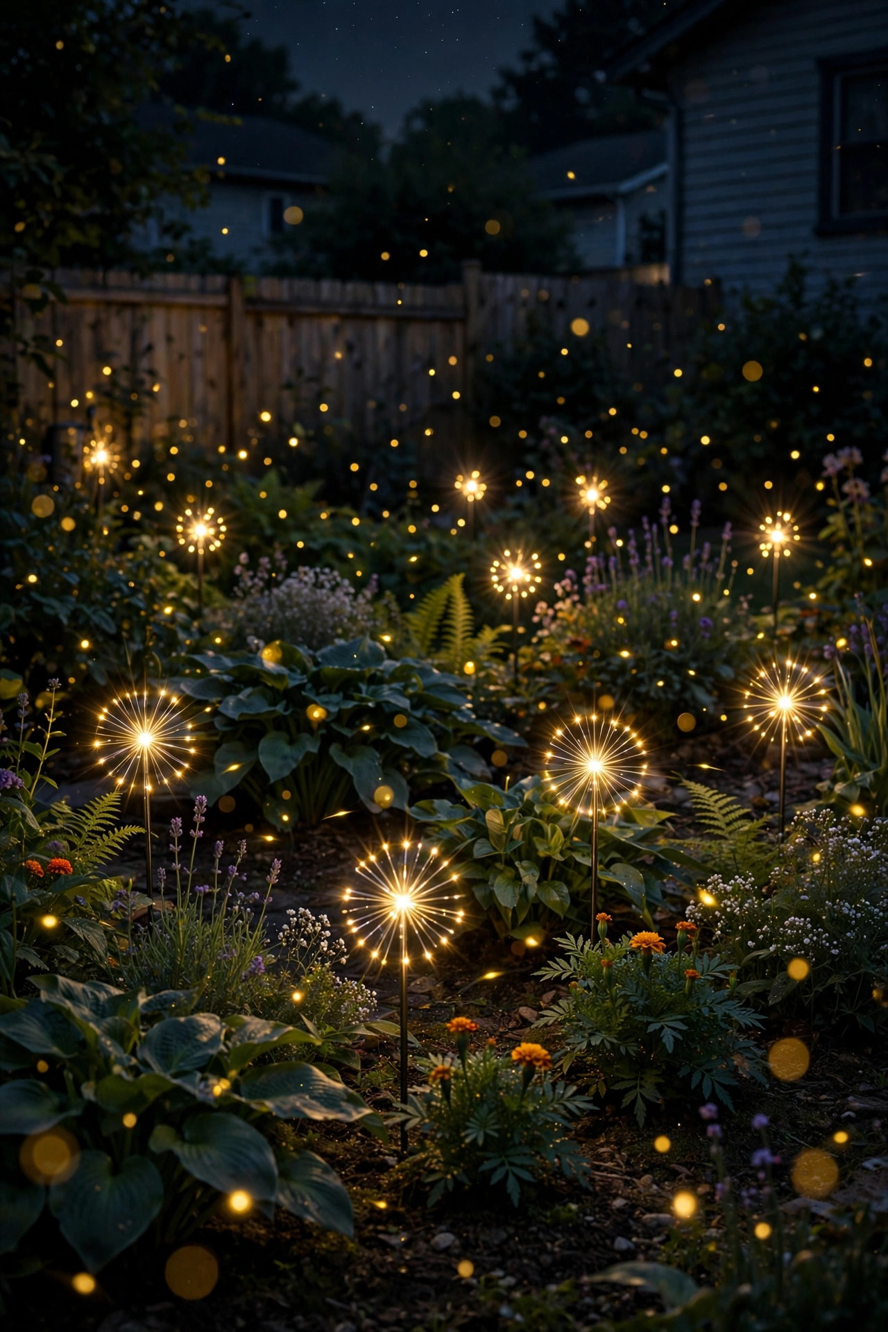 Fairy light stakes twinkling among garden bed plants like fireflies at night