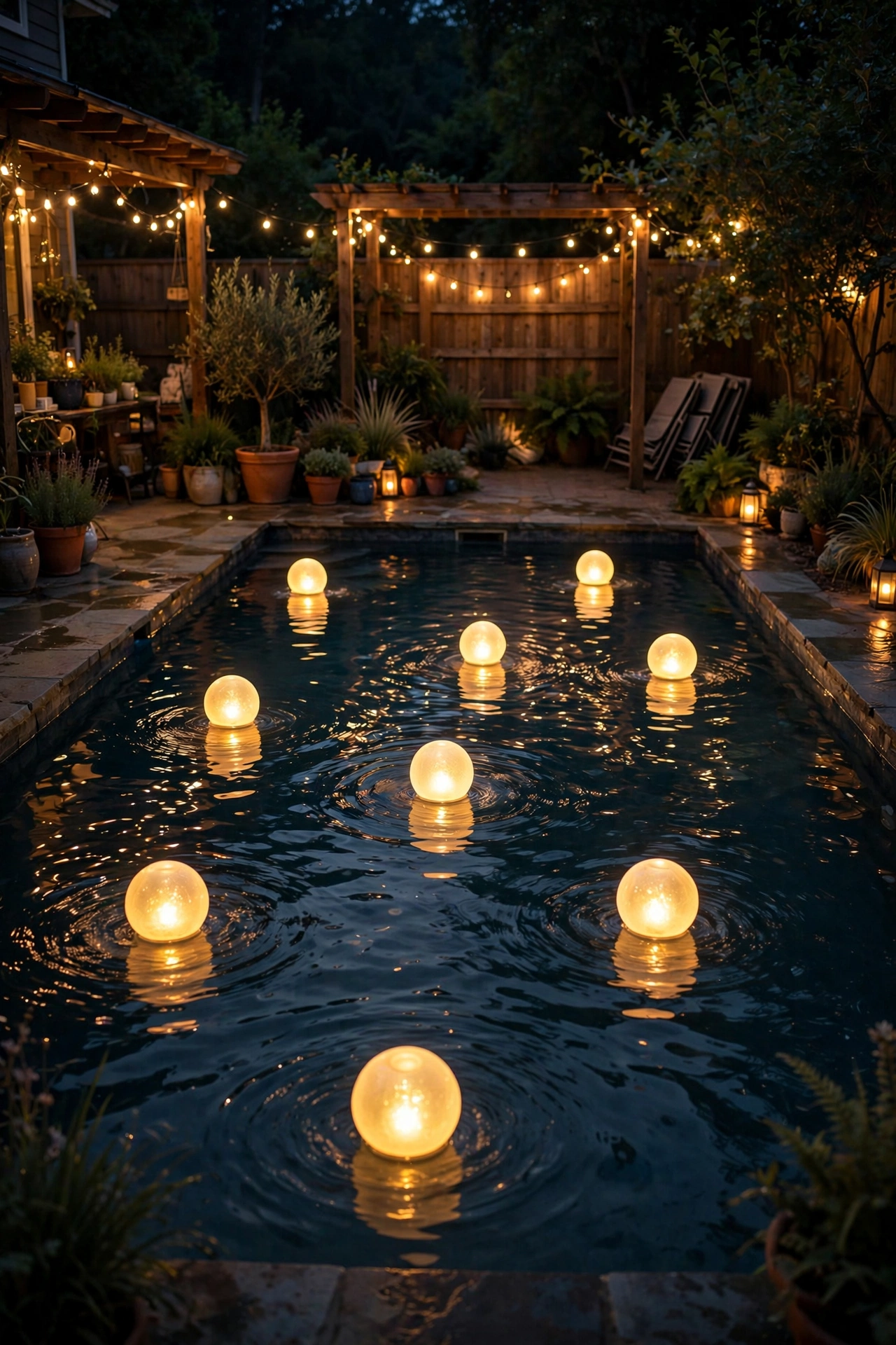 Floating LED orbs glowing on a pool surface reflecting light at a nighttime backyard party