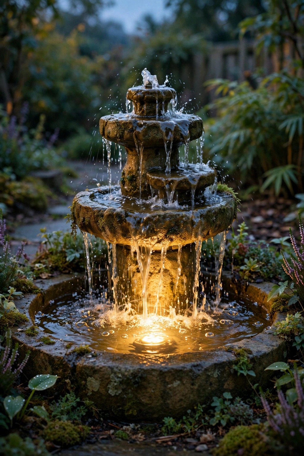 Small garden fountain with warm submersible light glowing through falling water at dusk