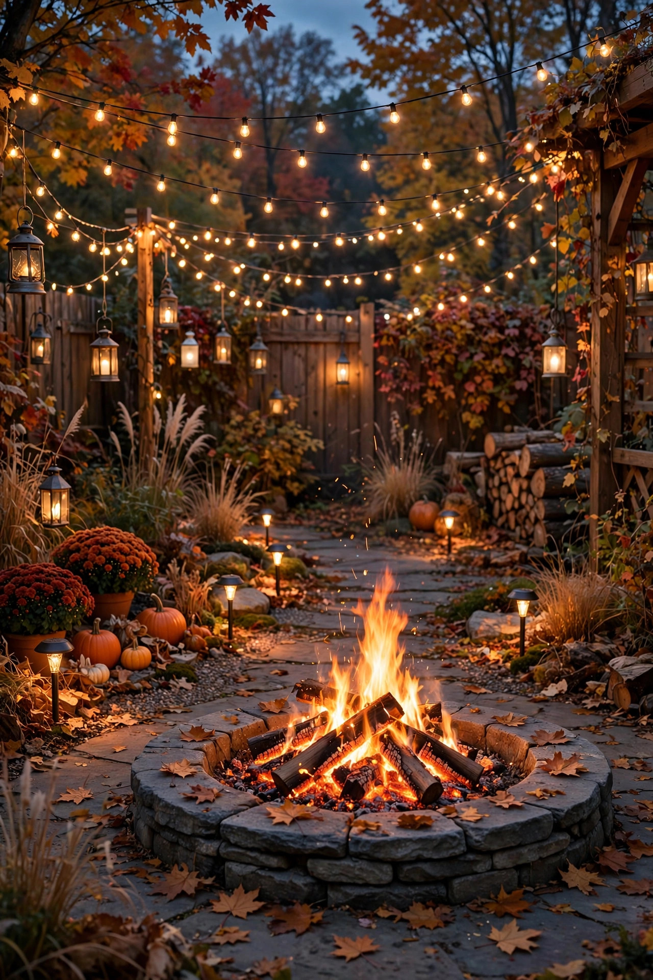 Complete fall backyard bonfire scene with layered string lights lanterns path lights and a glowing fire pit