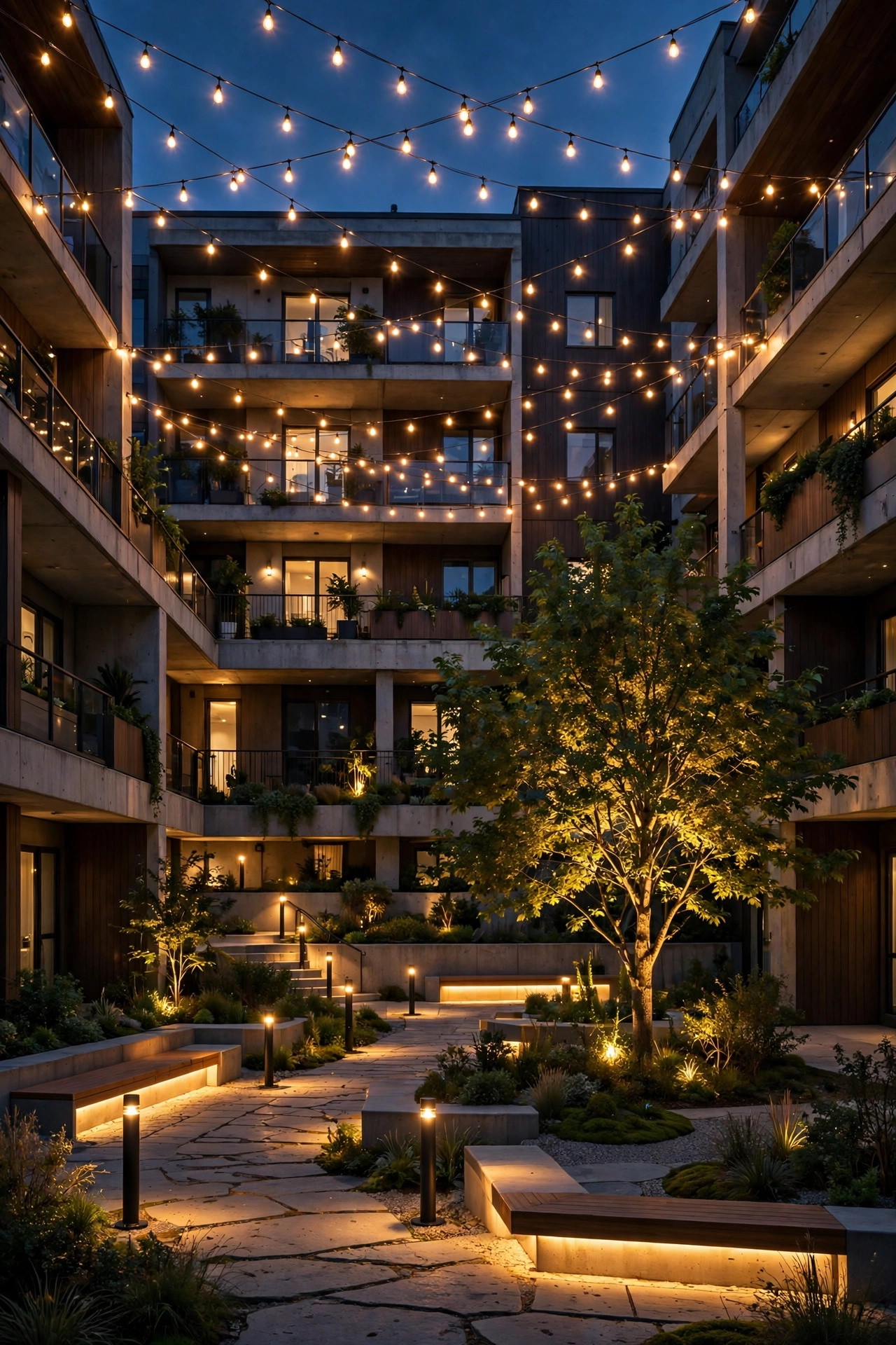 Fully layered condo courtyard at dusk with string canopy, bollard paths, uplighted tree and glowing benches