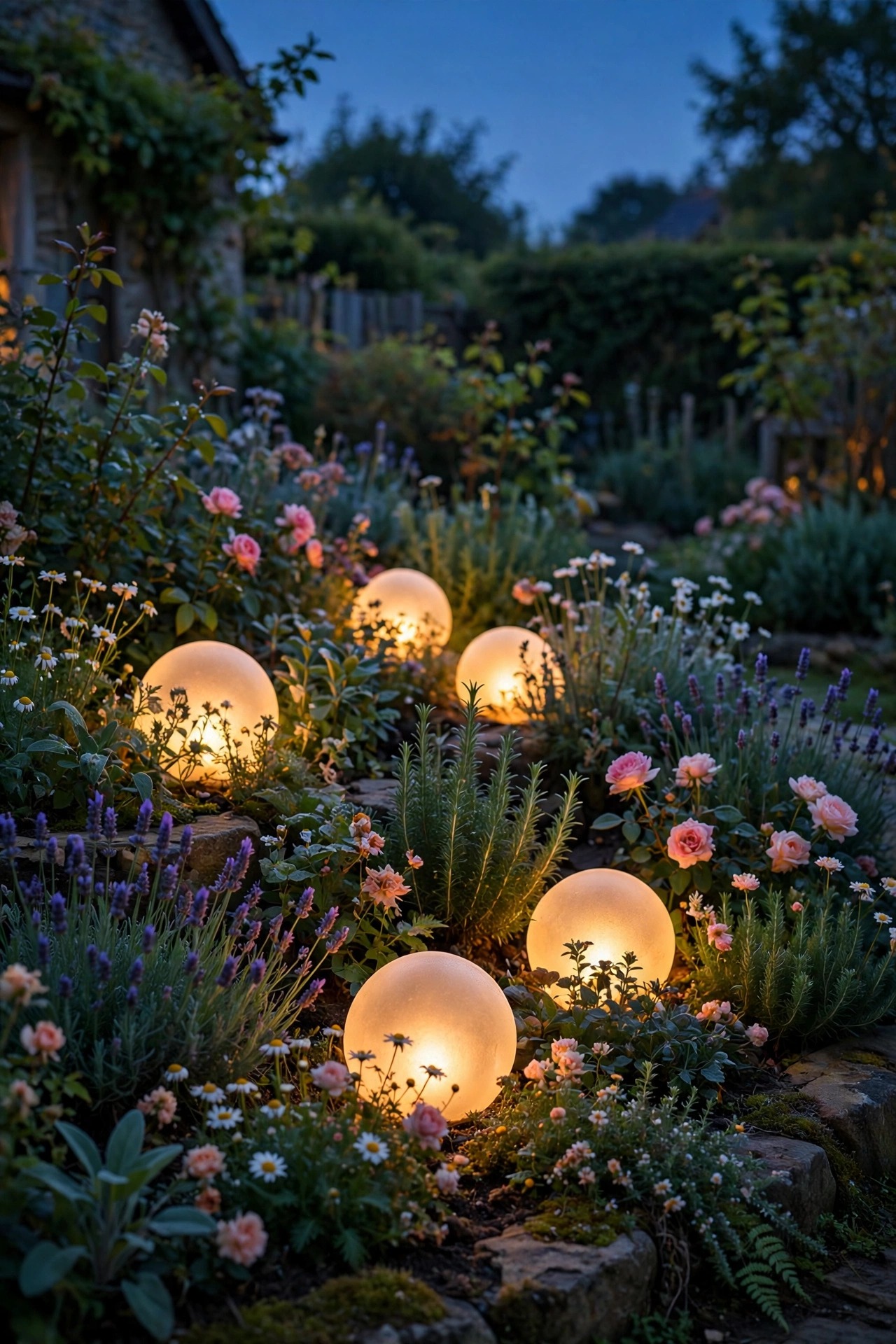 Frosted glowing garden globes nestled among cottage flower beds and shrubs at dusk