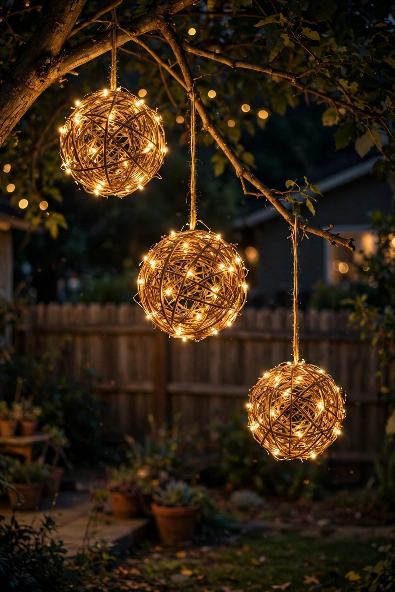 Glowing grapevine balls wrapped in fairy lights hanging from tree branches