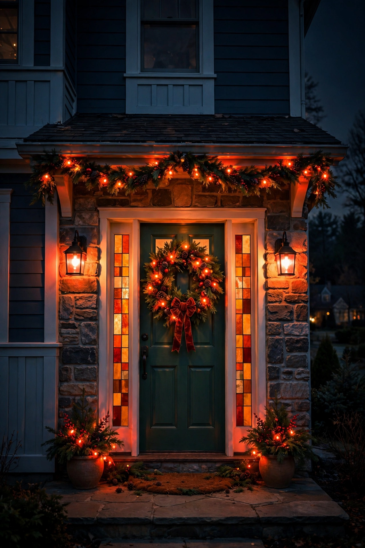 Front entry sconces glowing in festive colors for a holiday evening