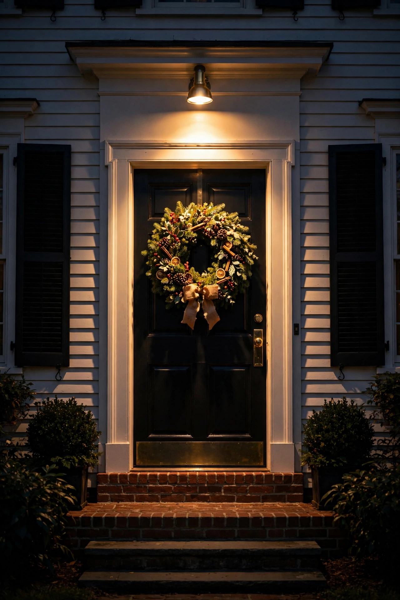 Spotlight illuminating a holiday wreath on a colonial front door at night