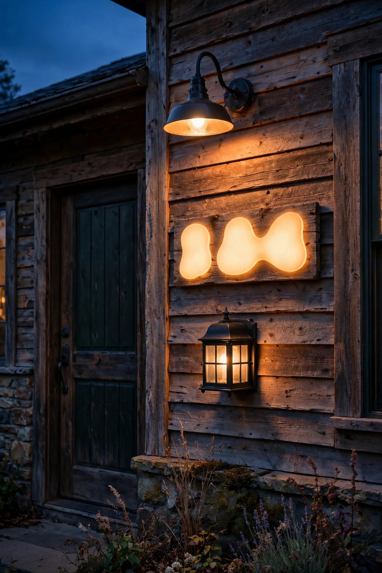 Rustic house numbers lit by a small barn light beside a front door with a mailbox lantern below