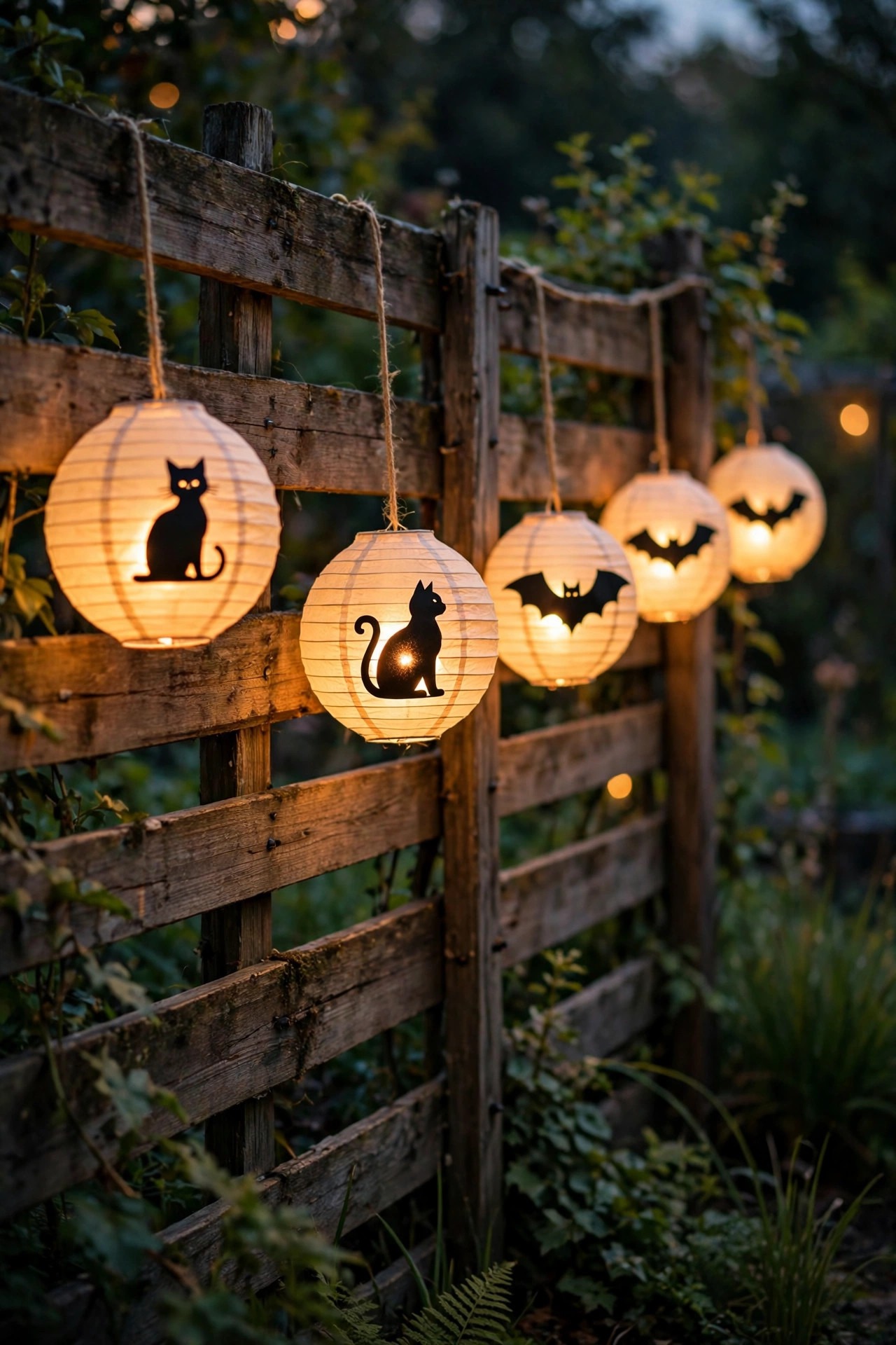 Glowing paper lanterns with black bat and cat silhouettes hanging along a fence