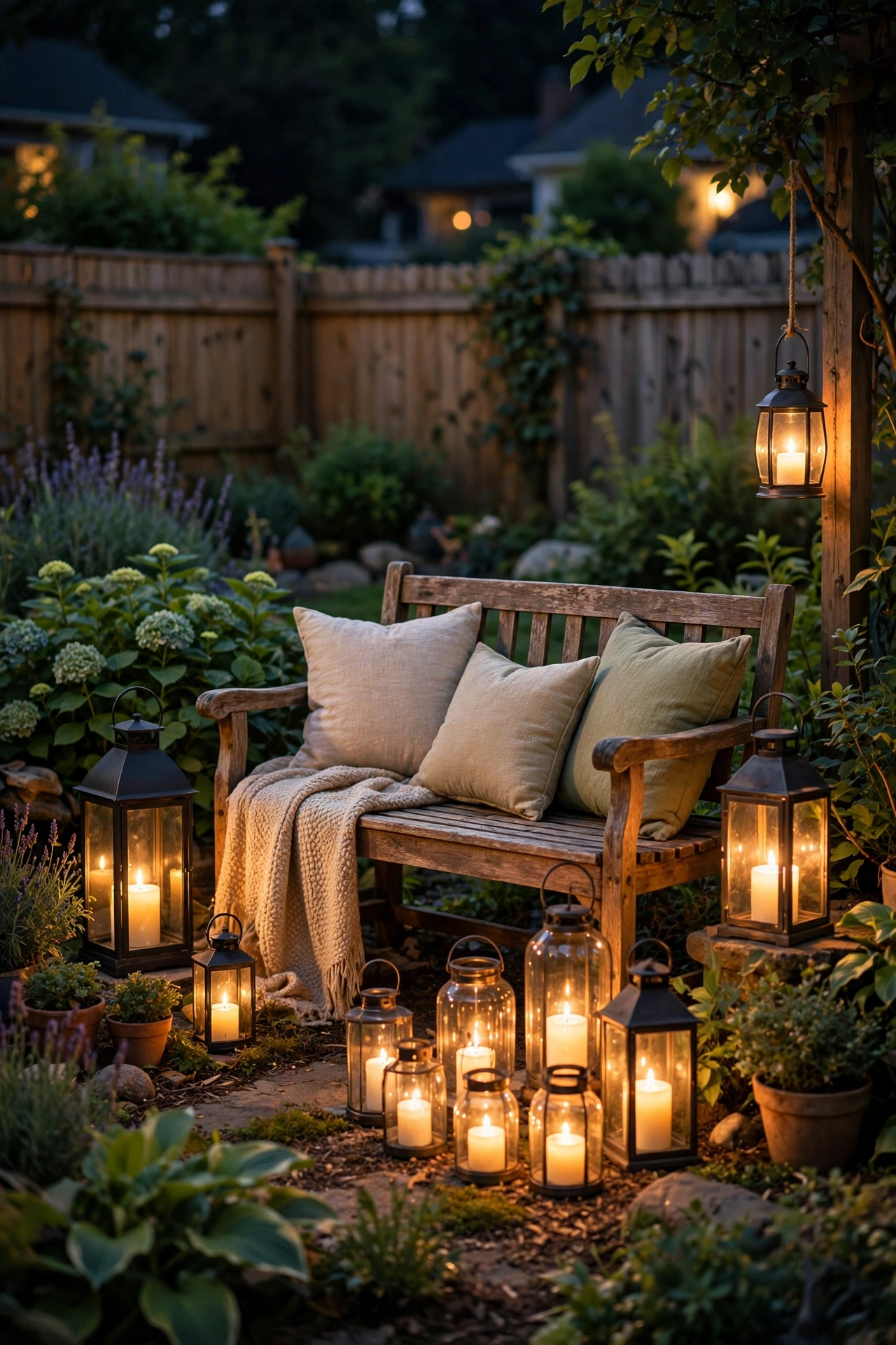Cozy garden bench surrounded by glowing lanterns of mixed heights at night