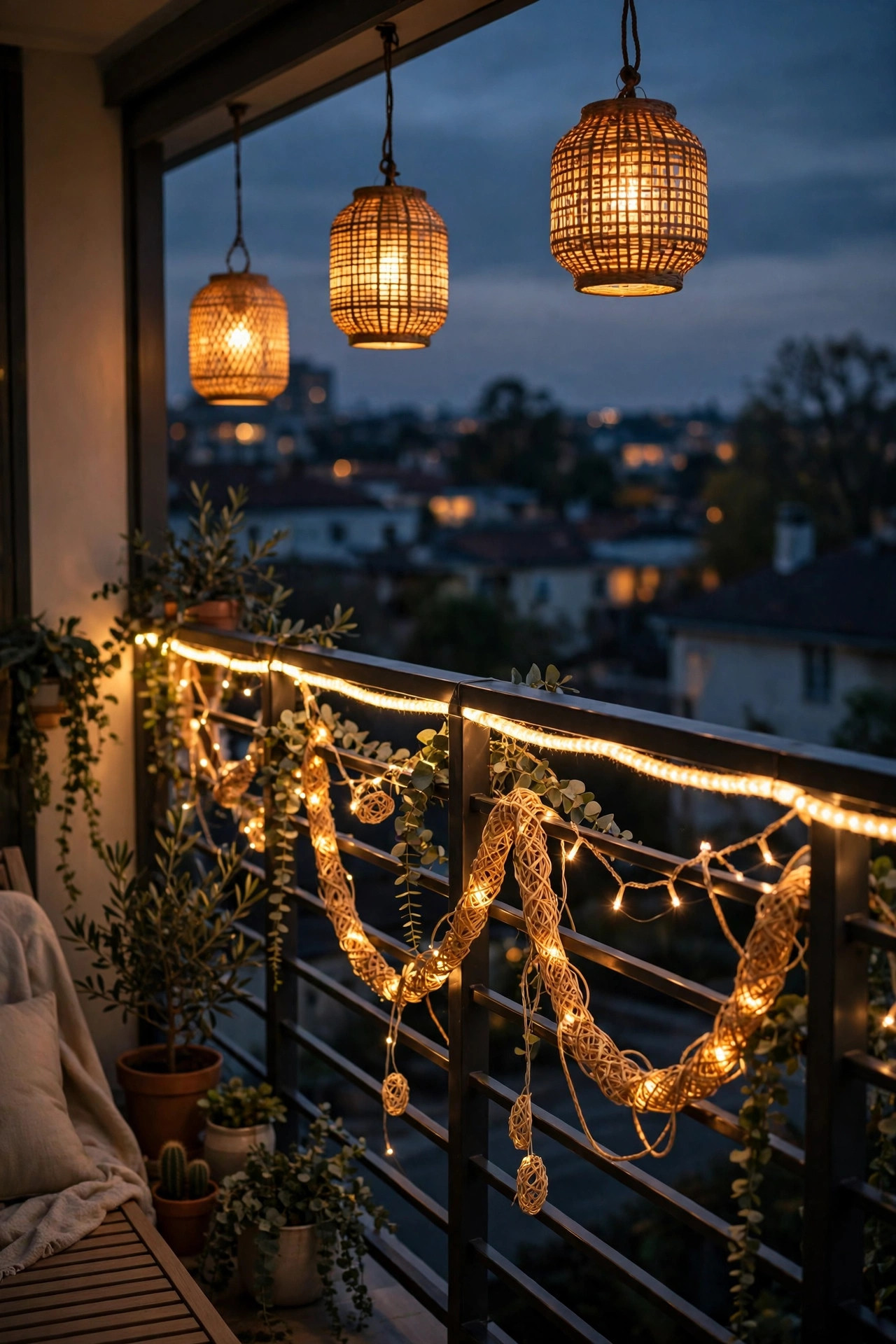 Finished balcony railing at night combining a glowing rope light line, woven fairy lights and hanging lanterns in one layered look
