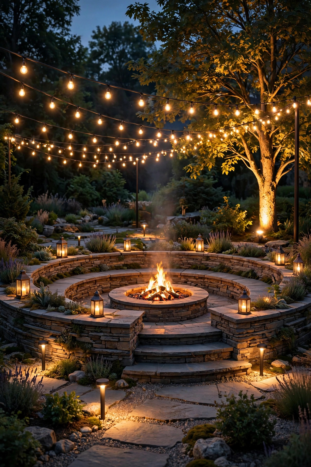 Fully layered fire pit seating circle at night with string lights, lanterns, path lights and an uplighted tree