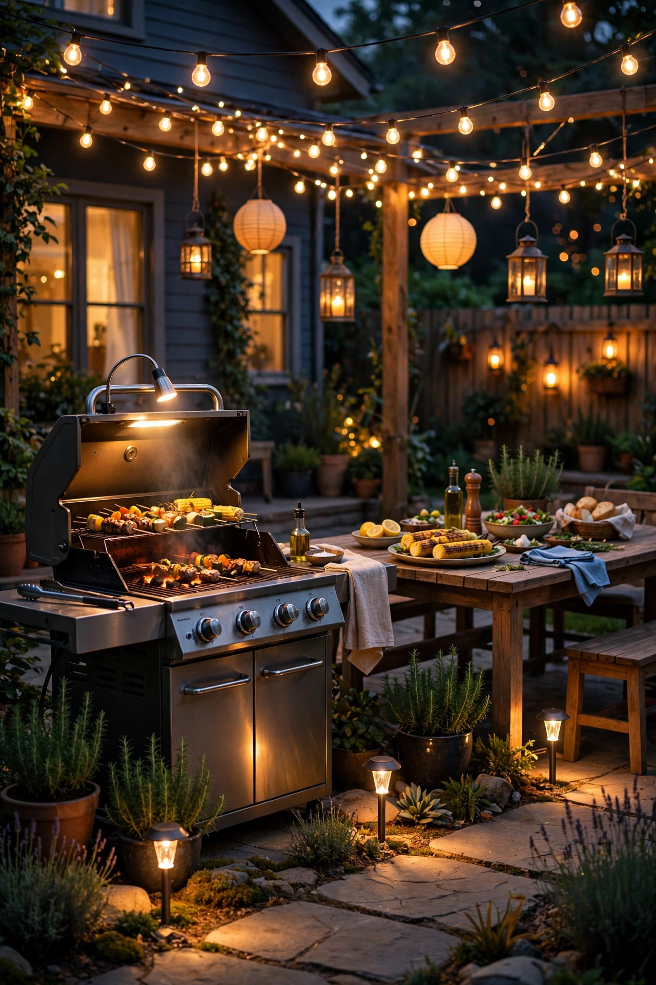 Fully layered backyard cookout scene at night with grill light, string canopy, lanterns, and path lights