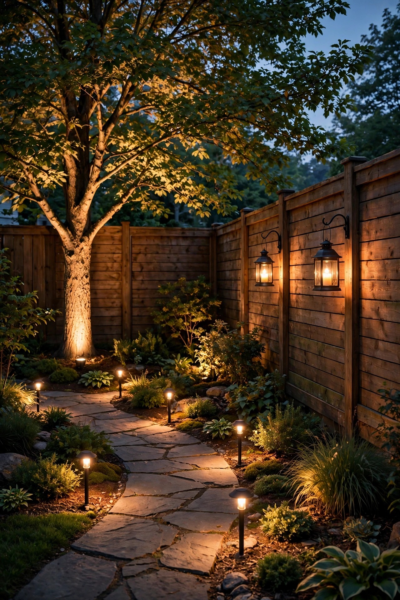 Fully layered backyard corner lighting scene with tree uplight, lanterns and path lights all glowing together on one timer