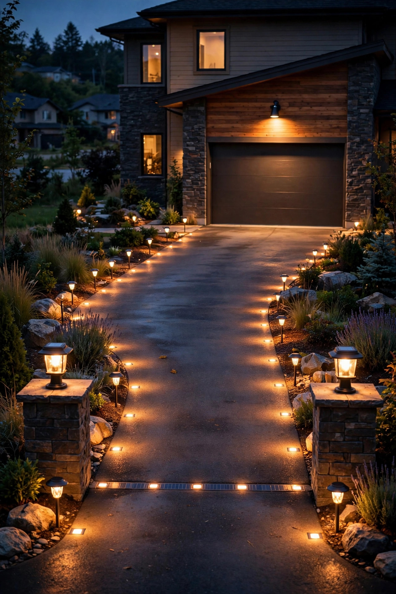 Fully layered solar driveway lighting at night with edge markers, entrance posts and a warm motion light over the garage