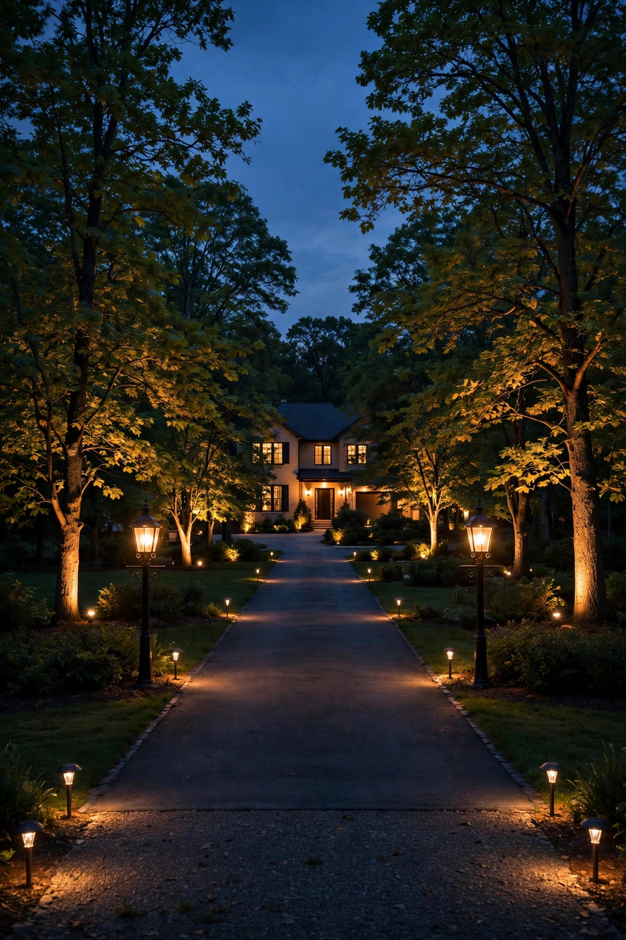 A fully layered long driveway lighting plan with markers, tree uplights and entrance lamps