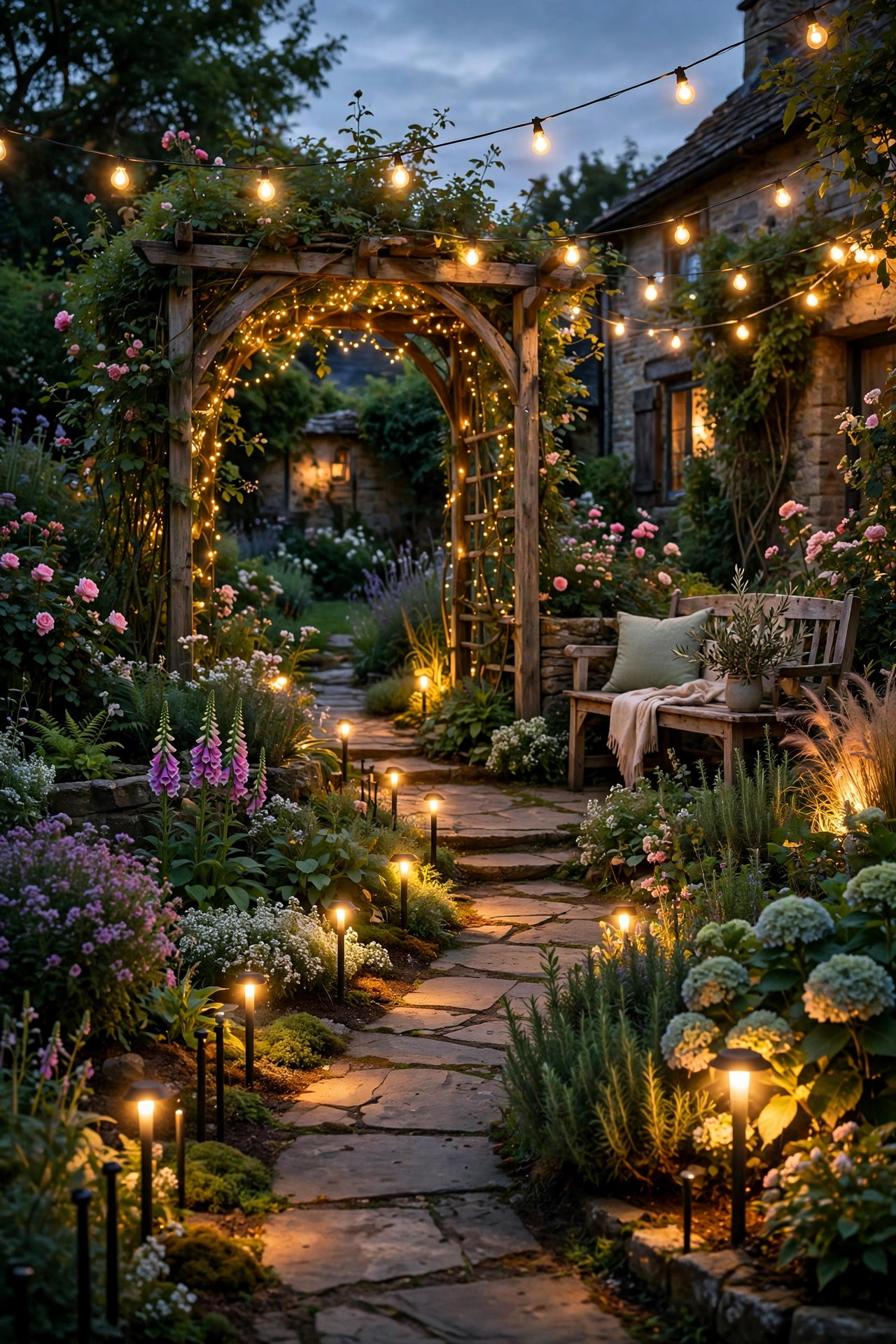 Fully layered cottage garden at dusk with path stakes, uplights, fairy lights in the arch and string lights over a bench all glowing warm