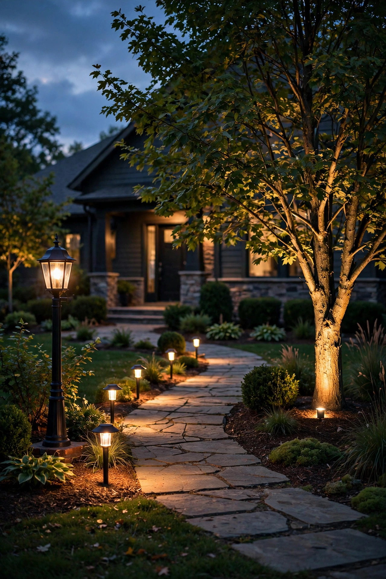 Layered front yard lighting at dusk with a lamp post, path lights and a tree uplight working together