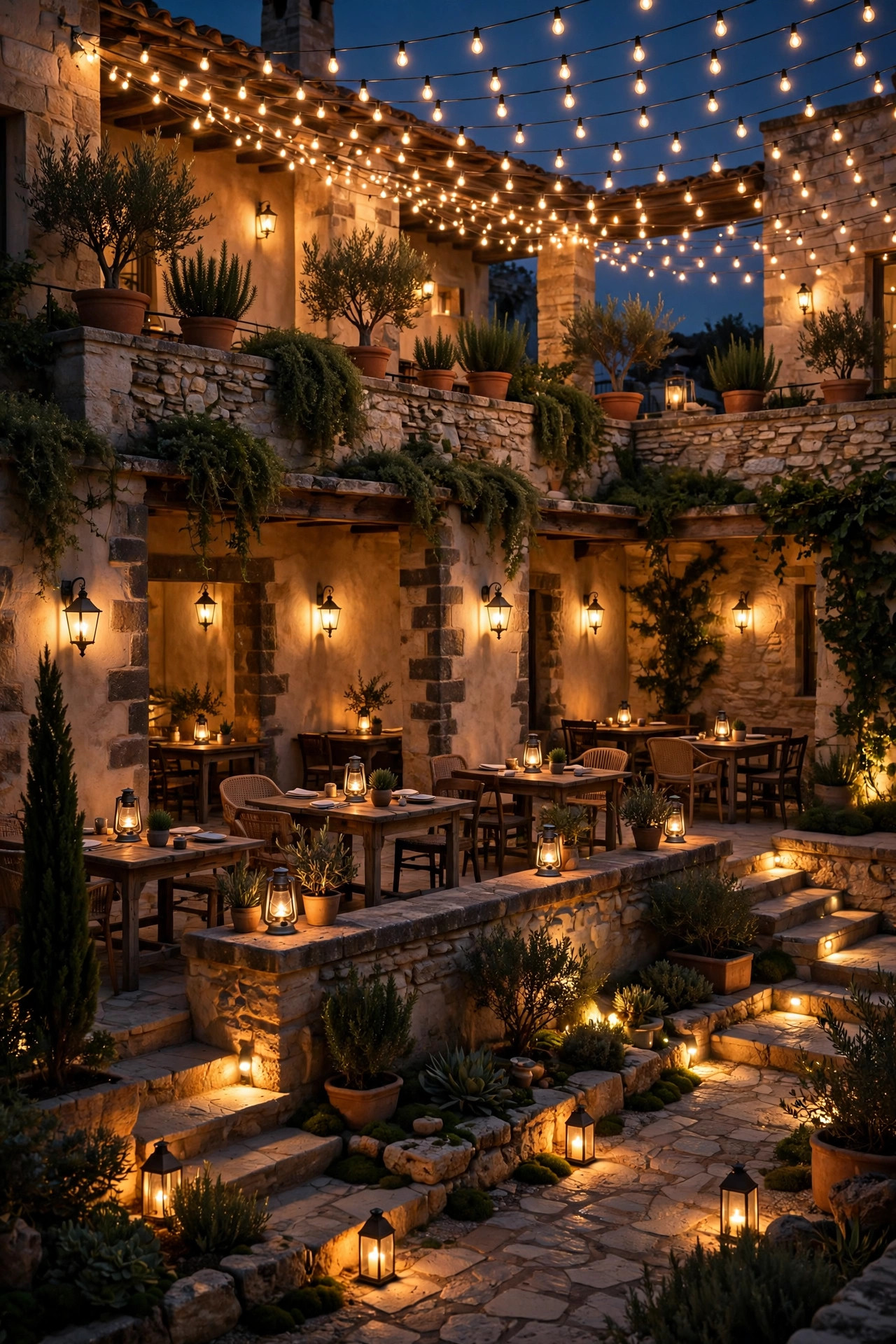 Fully layered courtyard at night with string light canopy, wall lanterns, table lanterns, and ground lights glowing together