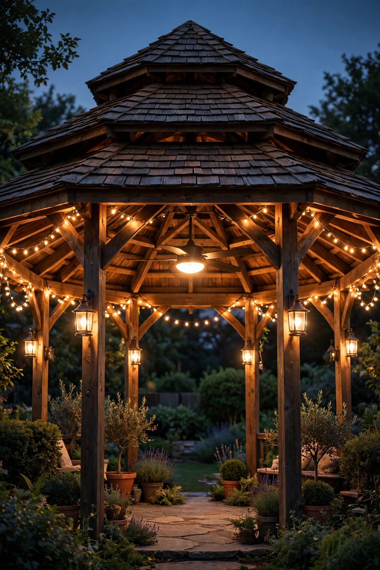 Fully layered gazebo at night with ceiling fan light, rafter strips, string lights and post lanterns all glowing warm