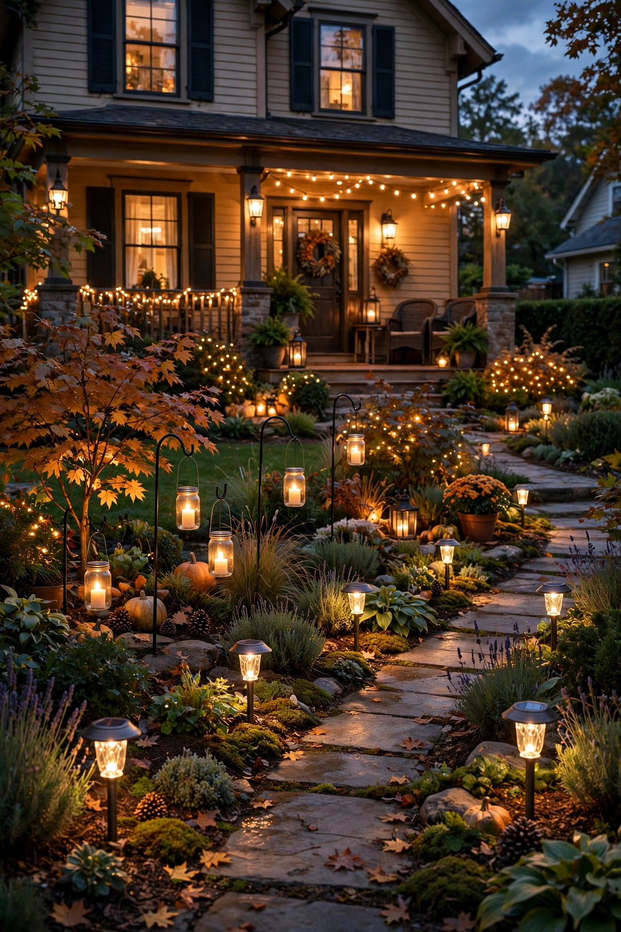 Layered front yard lighting without electricity, path accent and porch layers glowing together