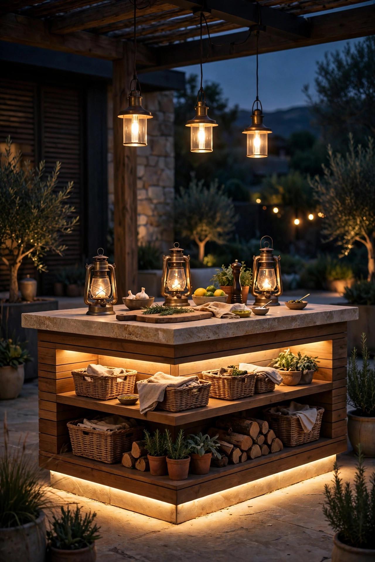 Fully layered outdoor kitchen island at night with pendants, under-counter glow, toe-kick light and lanterns