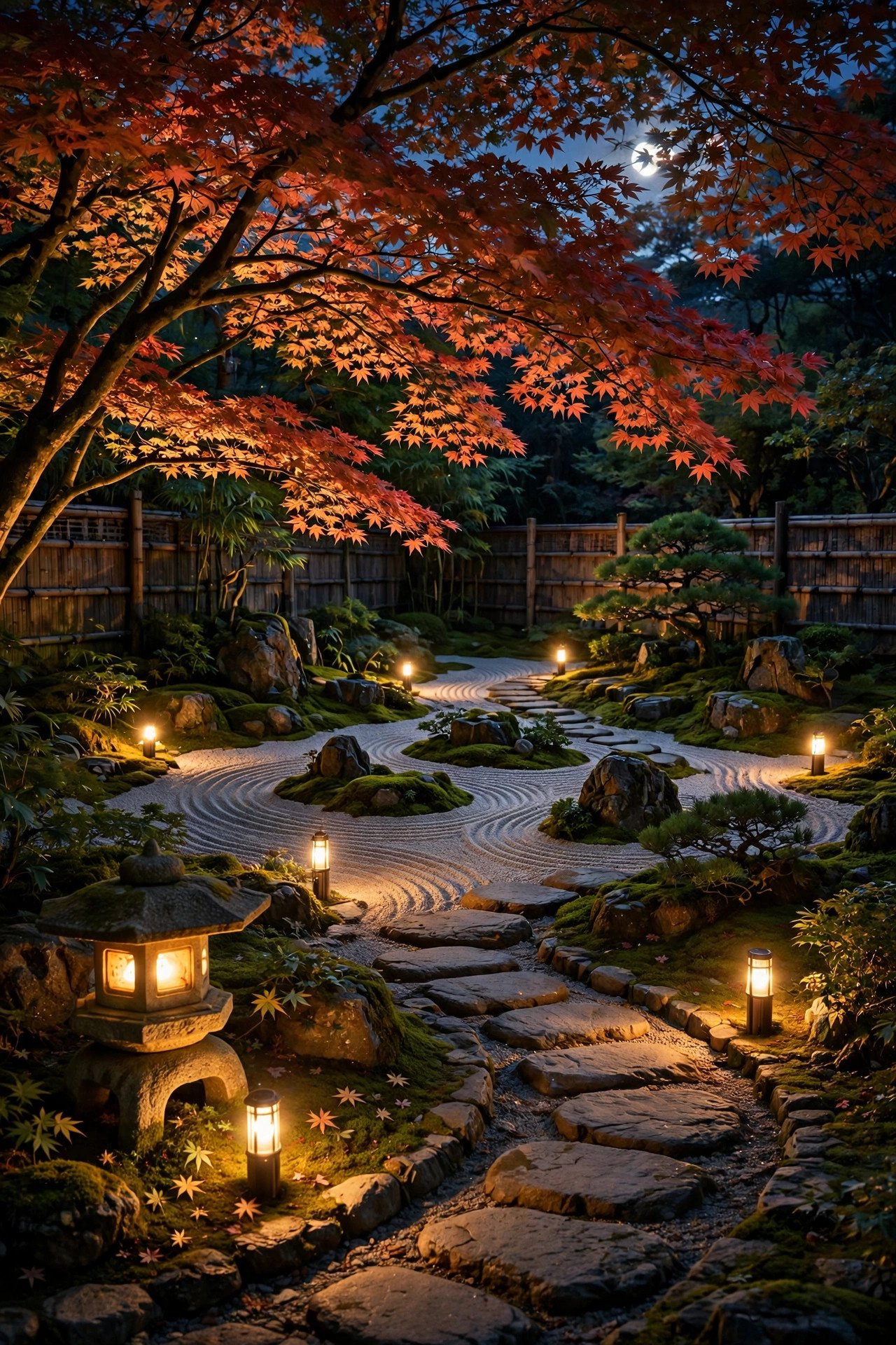 Complete Japanese zen garden at night with layered lighting from a stone lantern, path lights and moonlight through a maple