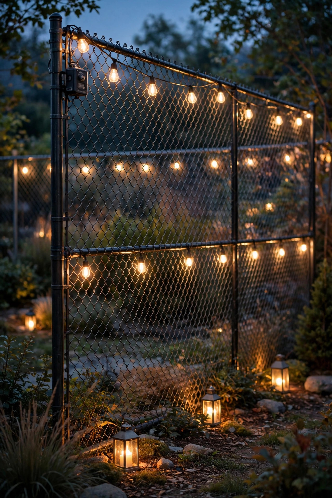 Fully layered chain-link fence lighting with ground lanterns, mid-height glow, and top rail string lights on a timer at dusk