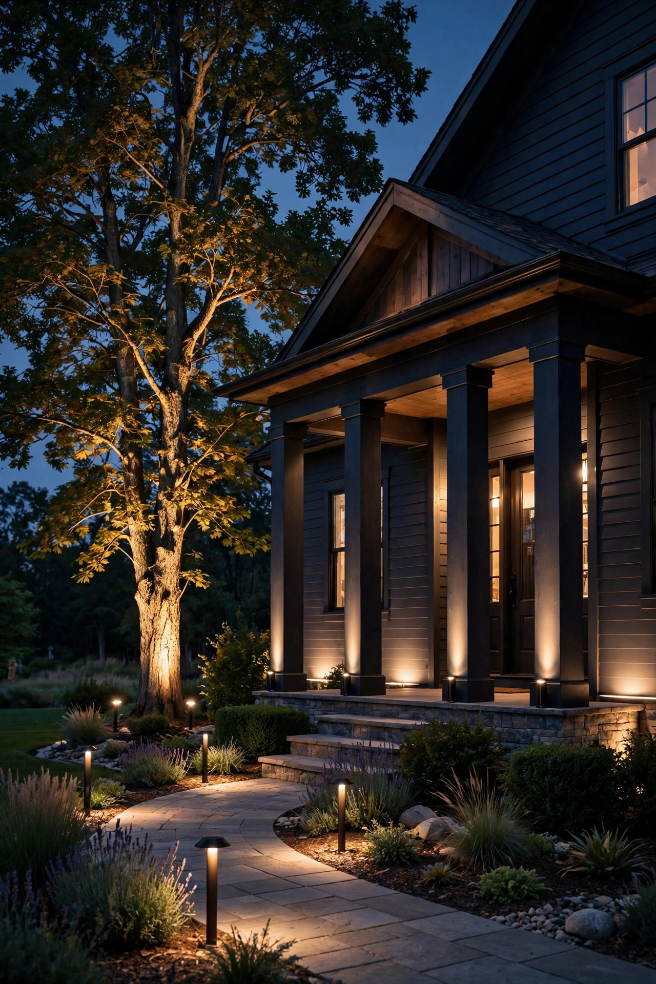 Layered front yard lighting design at night with narrow beam spotlights on a tall tree and porch columns, path lights and a soft facade wash below