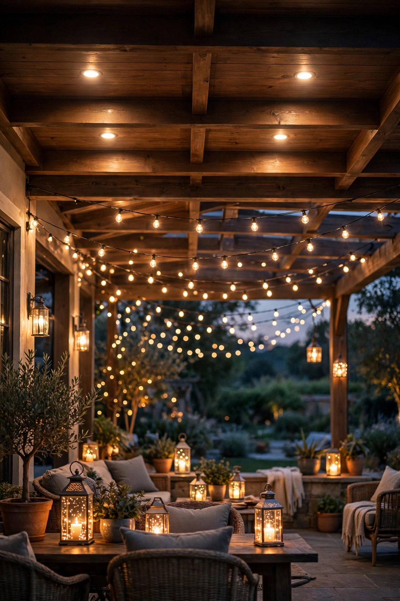 Covered patio at night showing three layers of lighting zones — ceiling, string lights and lantern sparkle