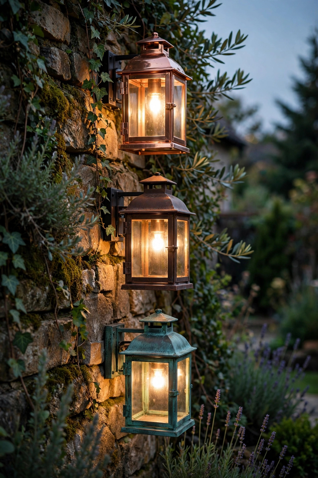 Copper outdoor lanterns at different patina stages from bright copper to brown to verdigris green mounted along a garden wall