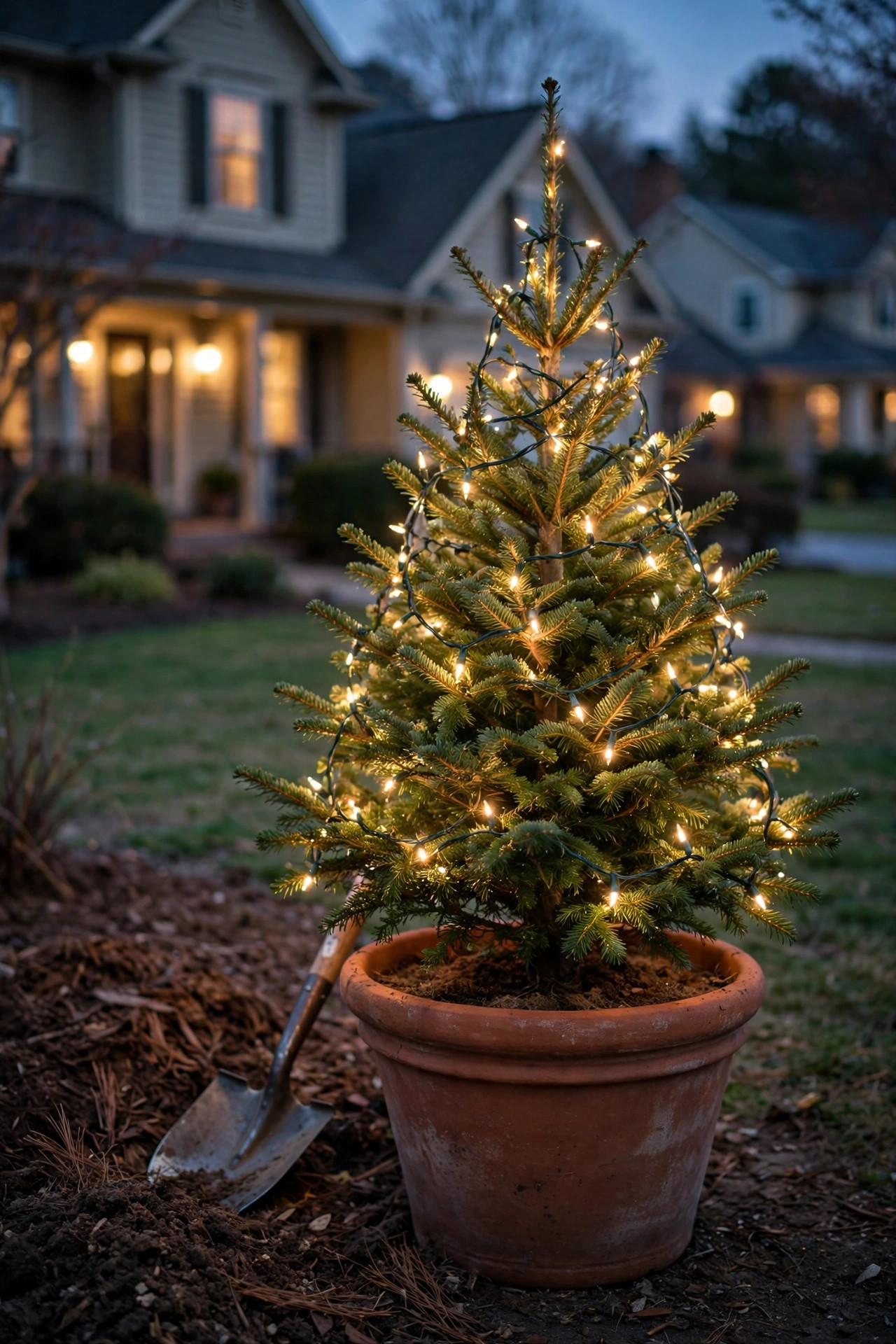 Living potted evergreen with warm lights in a front yard ready for planting after Christmas