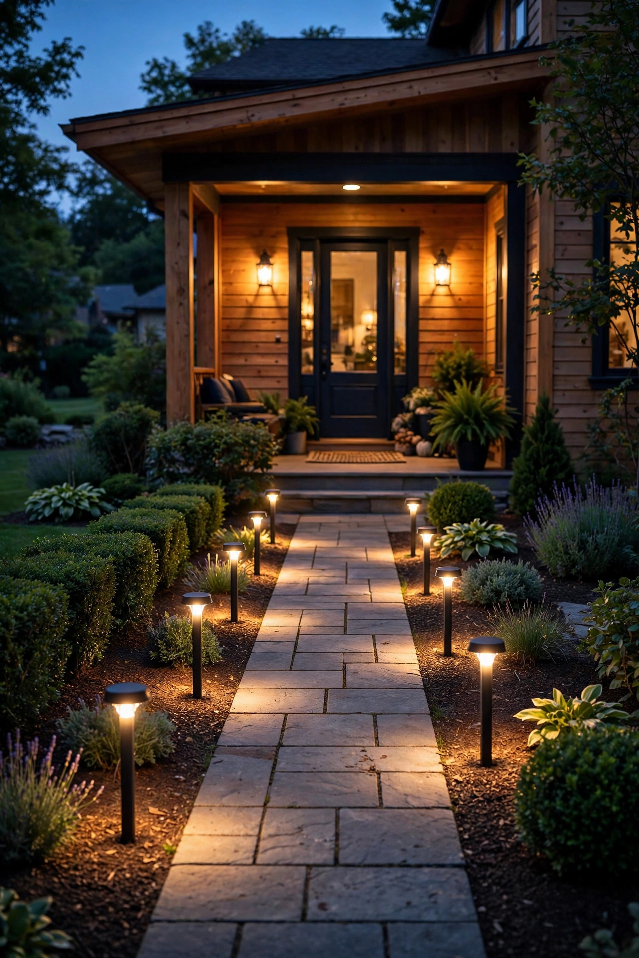 Coordinated low-voltage path lights glowing evenly along a narrow front walkway with a cozy lit porch