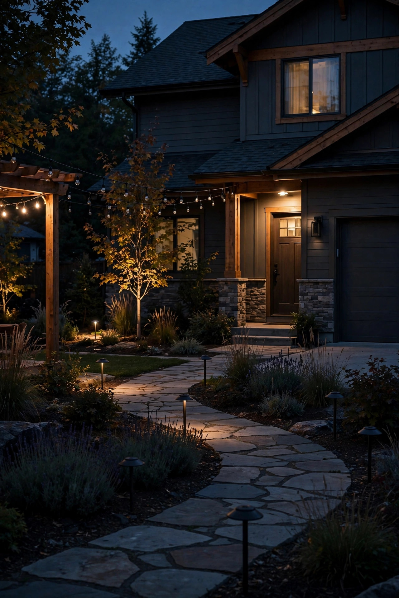 Layered front yard lighting scene winding down in stages at night with staggered switch-off times