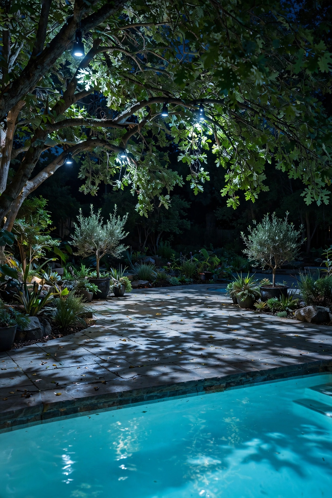 Soft moonlight-effect downlights filtering through trees over a pool deck at night