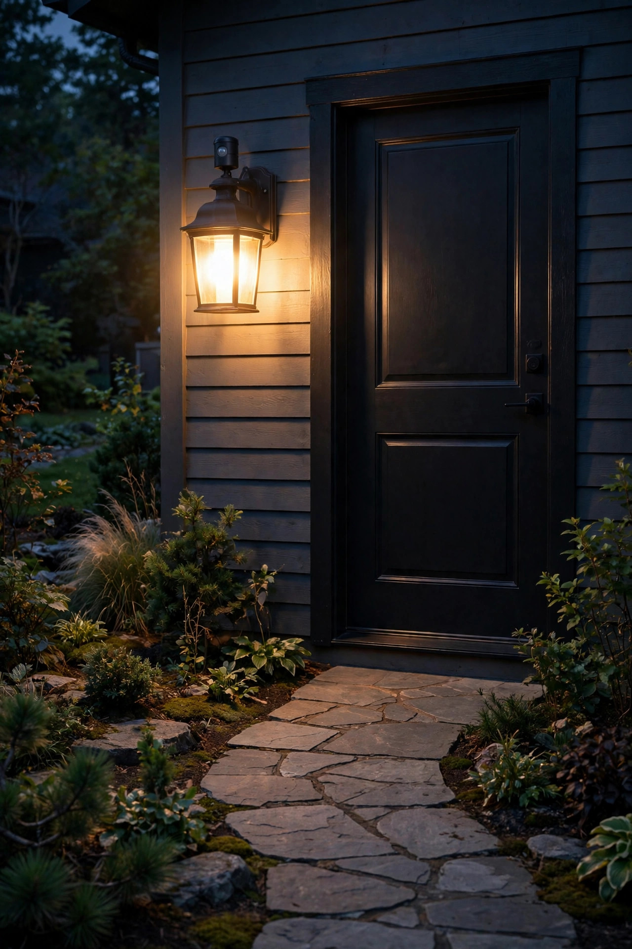 Motion sensor lantern sconce glowing brightly beside a black front door as the walkway approaches at night