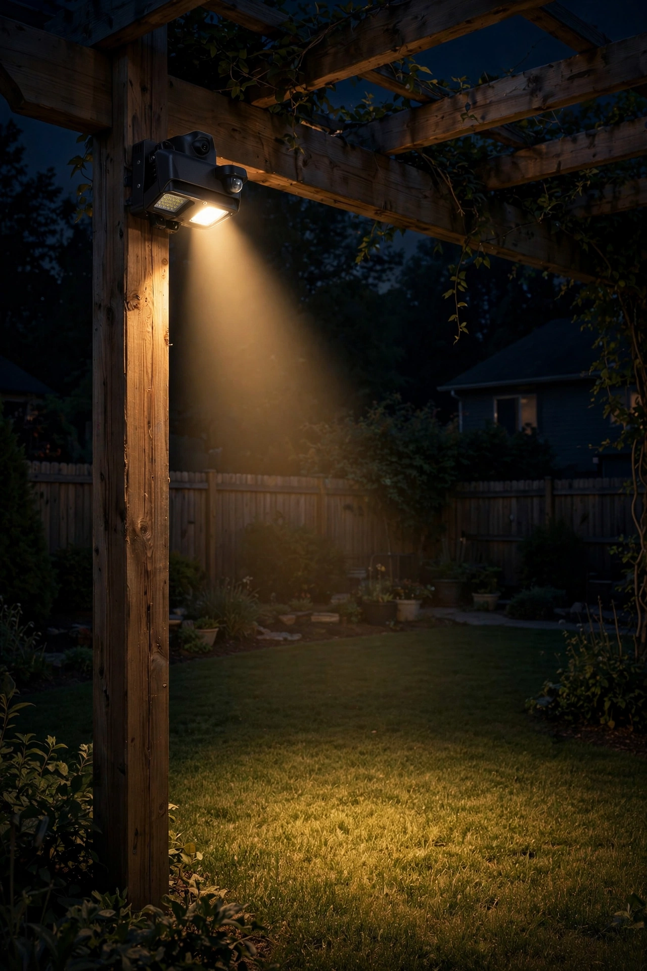 Motion-sensor security light mounted high on a pergola post overlooking the yard
