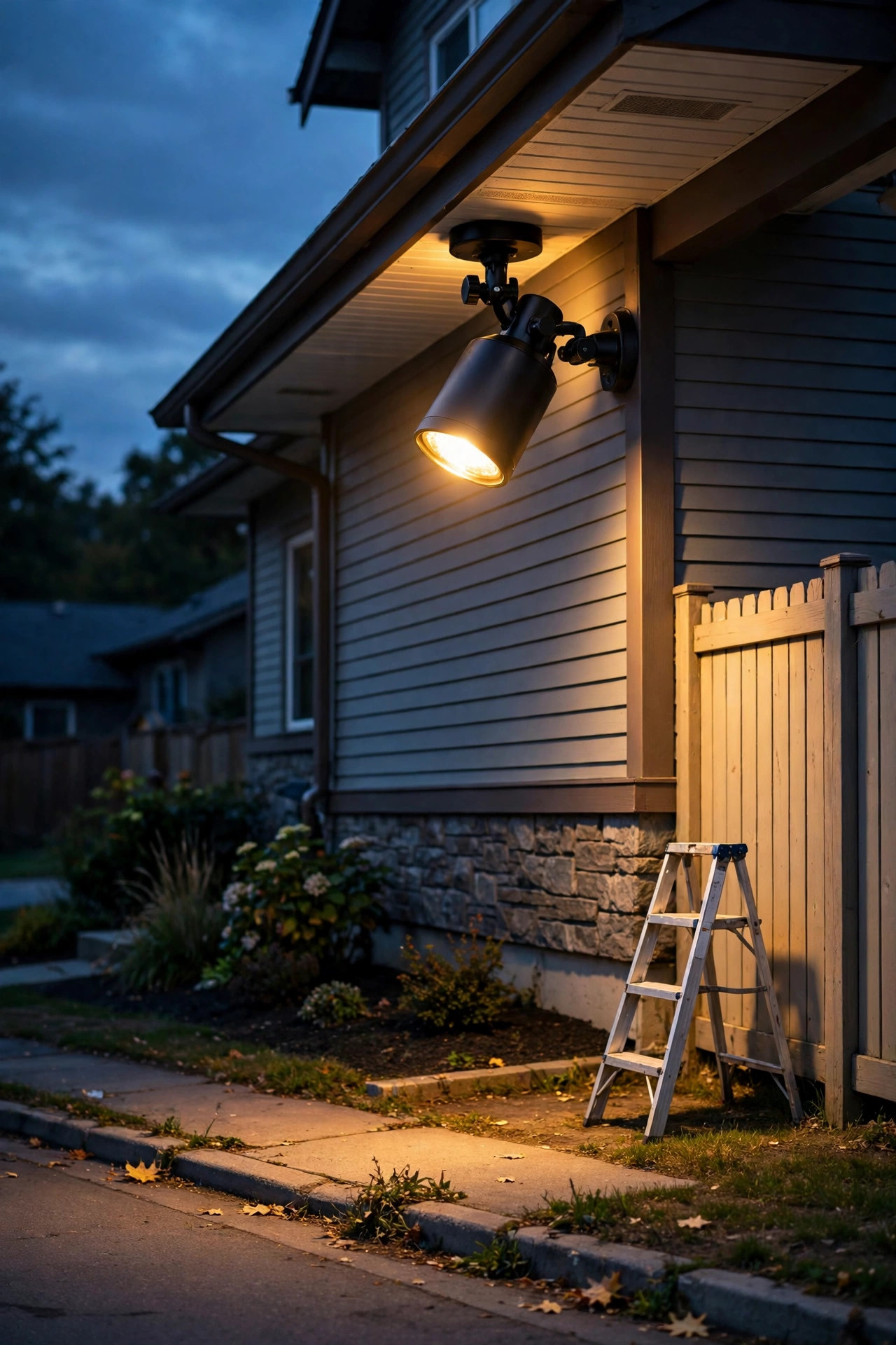 Homeowner at night standing at the property line fine-tuning the aim of a warm security flood light with a small ladder nearby