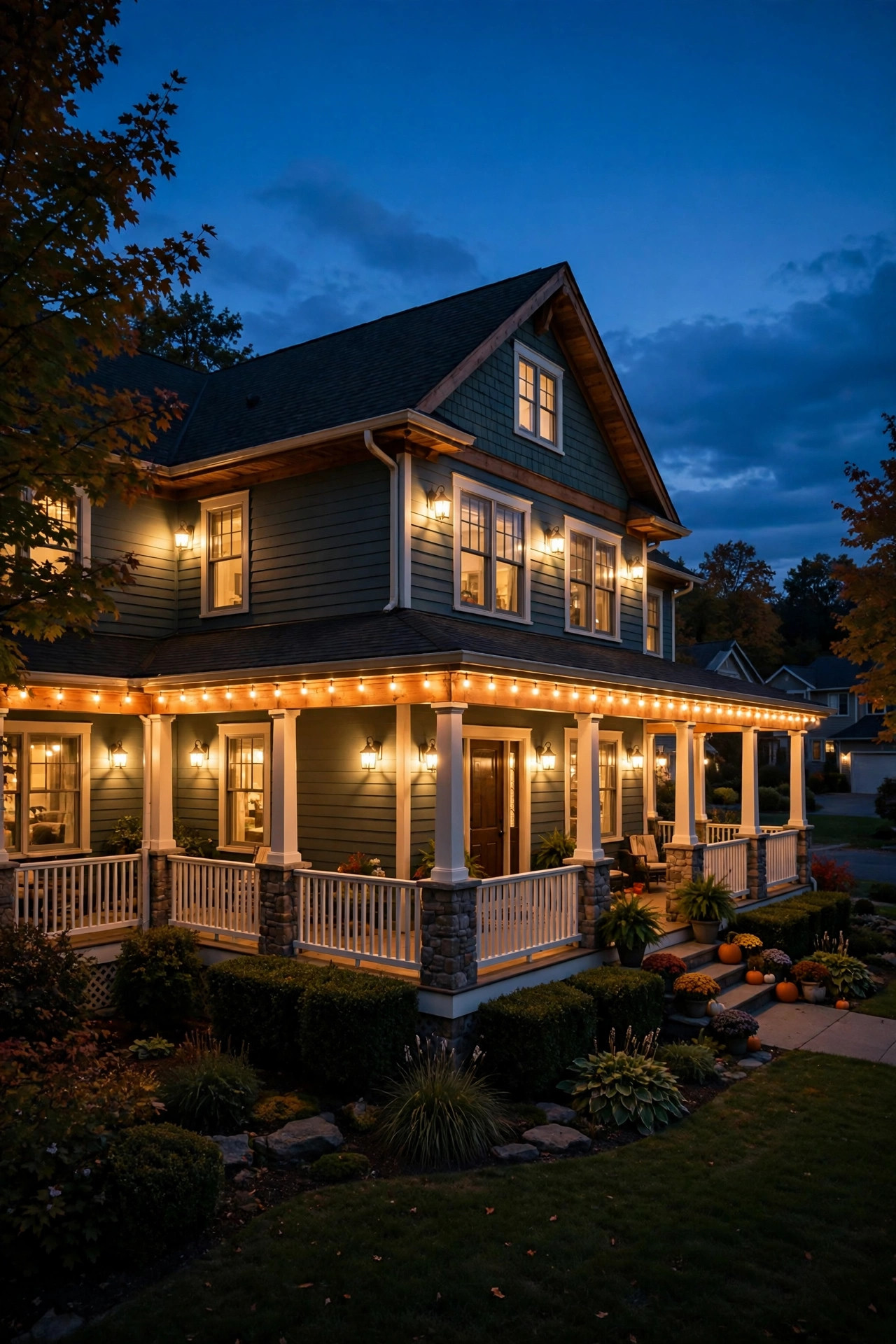 Finished wraparound porch glowing evenly on every side during a nighttime walk-around check