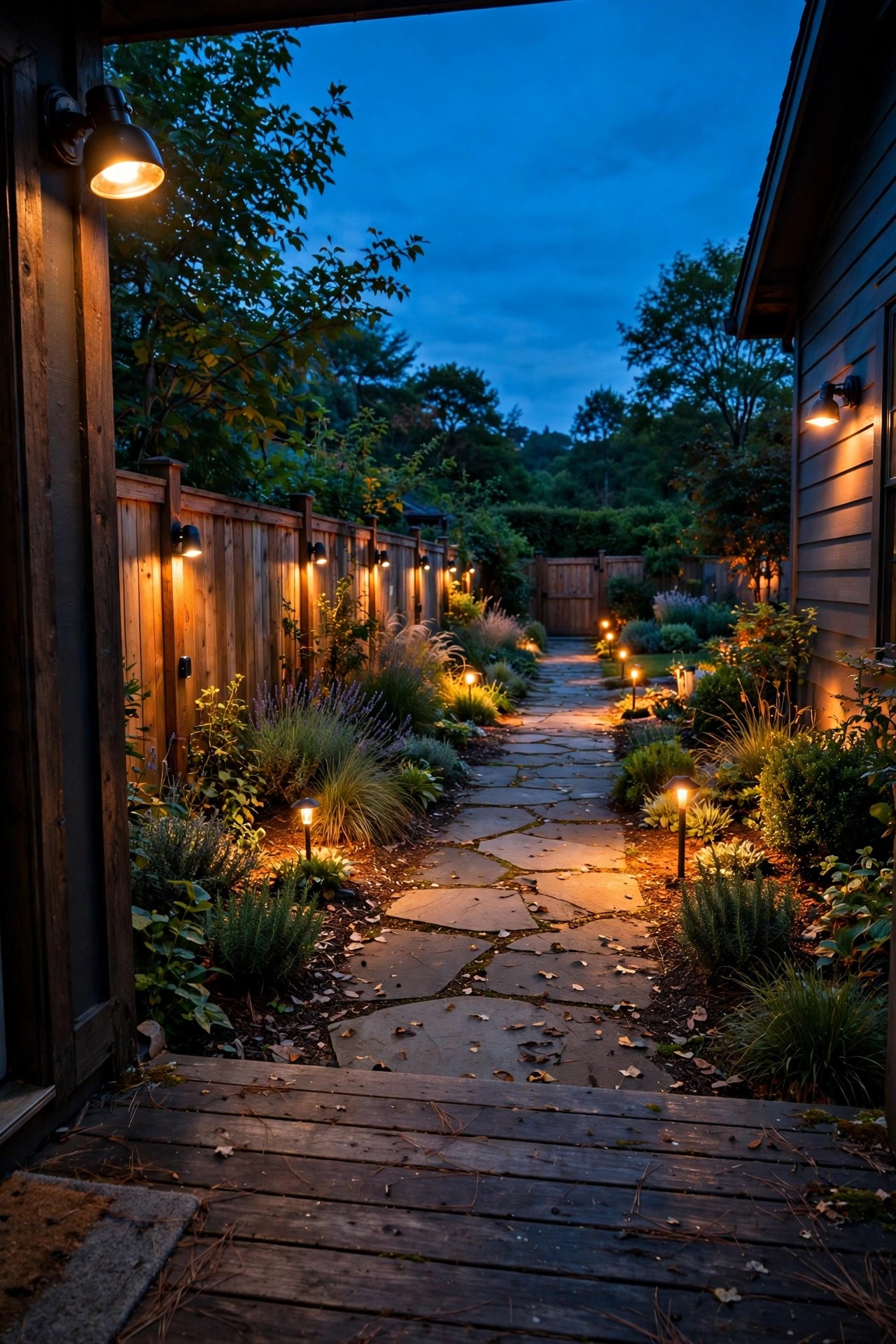 Homeowner view walking a lit backyard path at dusk checking glowing path lights, fence lights and motion fixtures