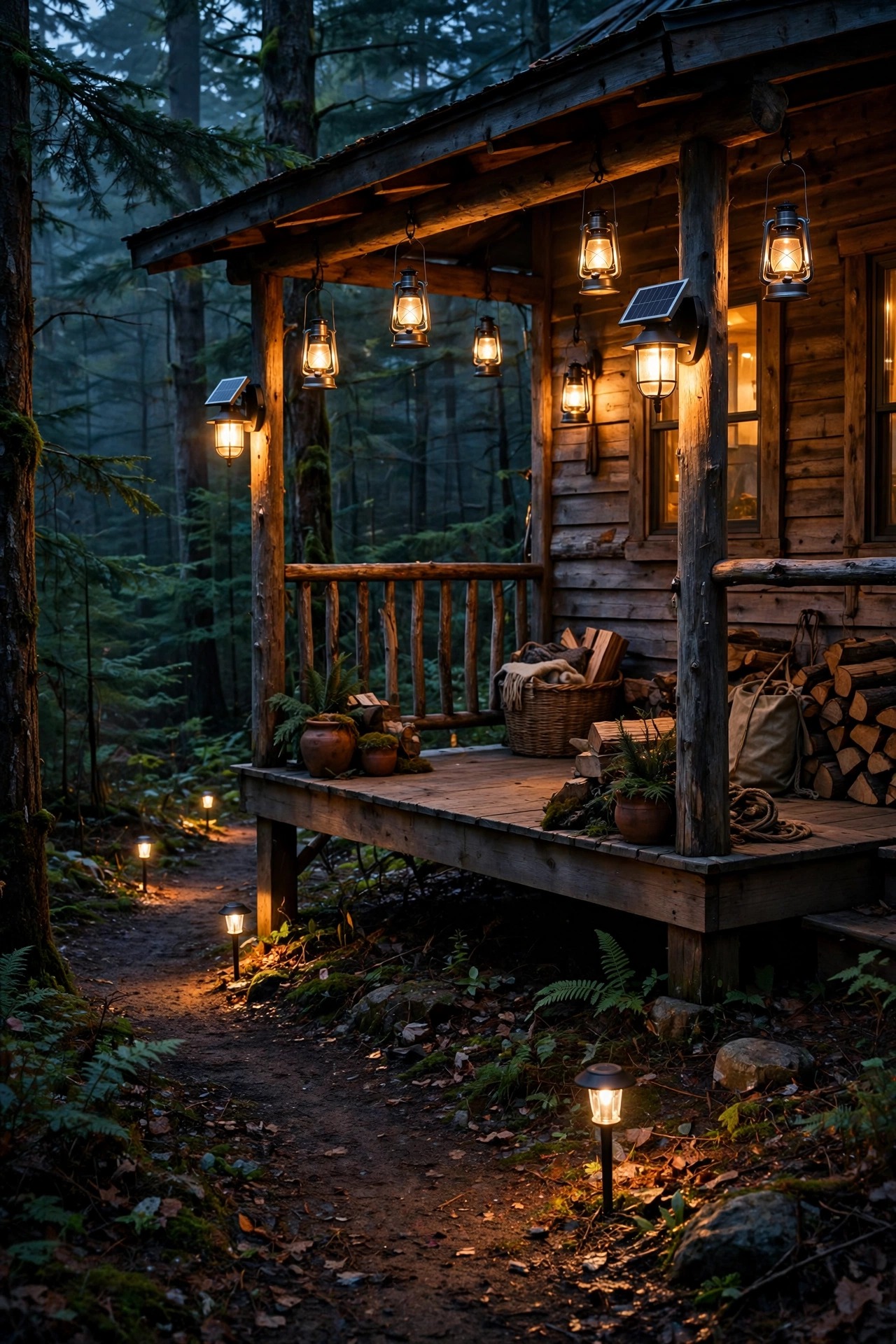 Off-grid cabin porch glowing with solar sconces, solar path lights and battery lanterns deep in the woods at dusk